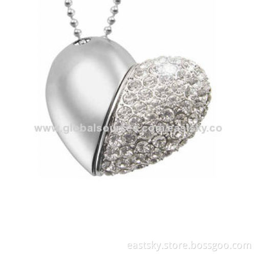 Custom Jewelry Heart USB Flash Drive, Made of Metal and Jewelry Shell, 64MB to 32GB Memory Capacity